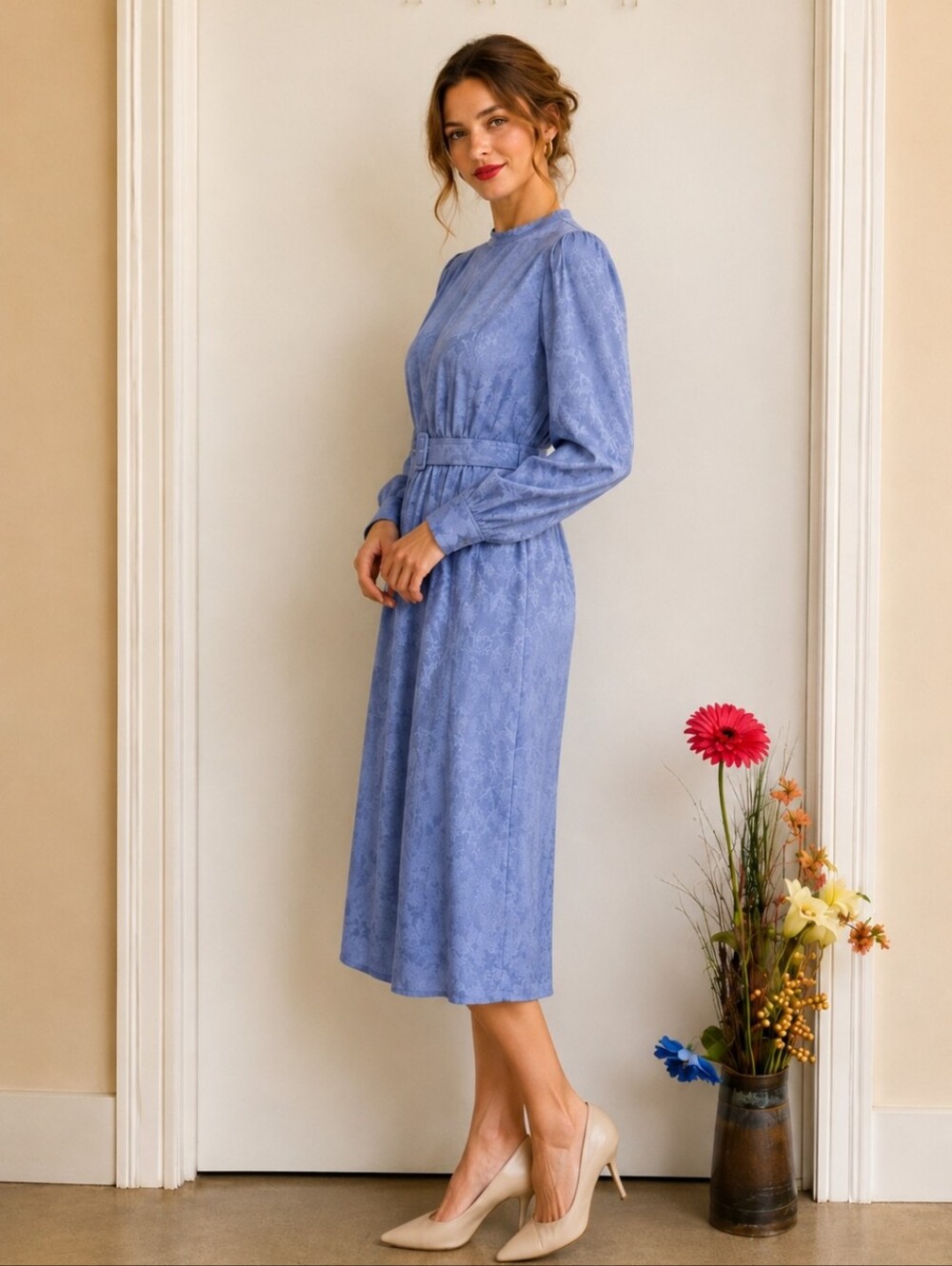 Vintage Periwinkle Blue 90's Silk Belted Dress with Cuffed Sleeves & Side Slit - Picture 2 of 12